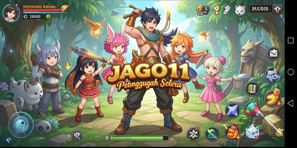 Tampilan gameplay JAGO11 dengan karakter anime yang dinamis dan berwarna-warni.