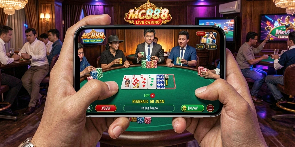 Tampilan gameplay langsung MC888 dengan dealer dan pemain nyata.