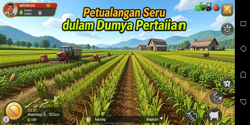 Tampilan gameplay MPONUSA yang menarik dan menawan dengan suasana pertanian.
