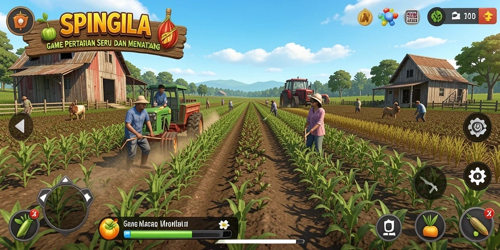 Screenshot gameplay SPINGILA menampilkan ladang yang luas dan aktivitas bercocok tanam.