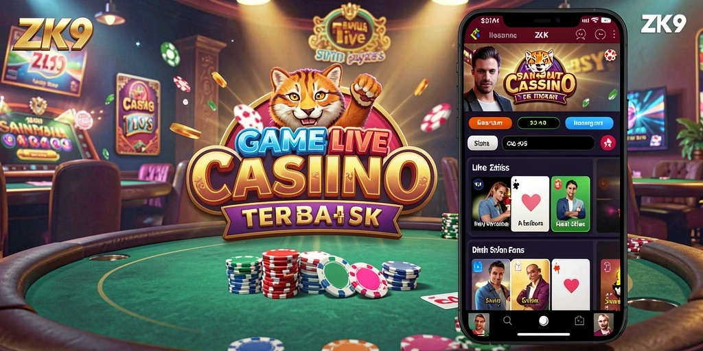 Tangkapan layar gameplay ZK9 menampilkan dealer langsung dan suasana kasino yang mendebarkan.